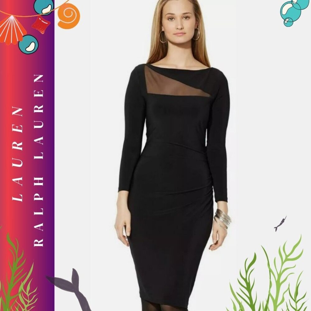 LAUREN RALPH LAUREN BLACK MESH INSERT LONG SLEEVE SHEATH DRESS – SIZE 6